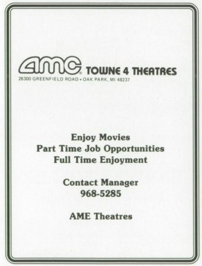 Towne Theatres 4 (AMC Towne 4 Theatres) - 1987 Berkley High Yearbook Ad